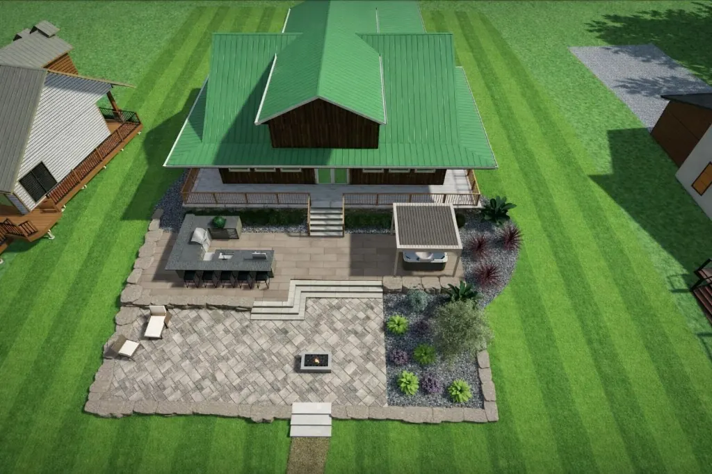 Aerial 3D rendering showing full backyard layout with outdoor kitchen and landscaping